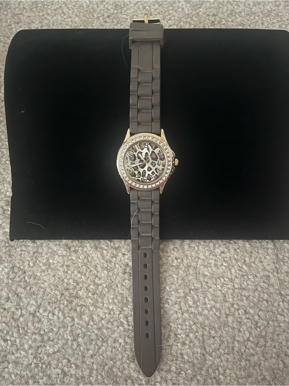 Gold-Tone Women's Animal Print Dial Watch with Brown Rubber Strap